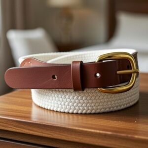 Unbranded Leather and Webbing Belt w Brass Toned Hardware Squared Belt Buckle